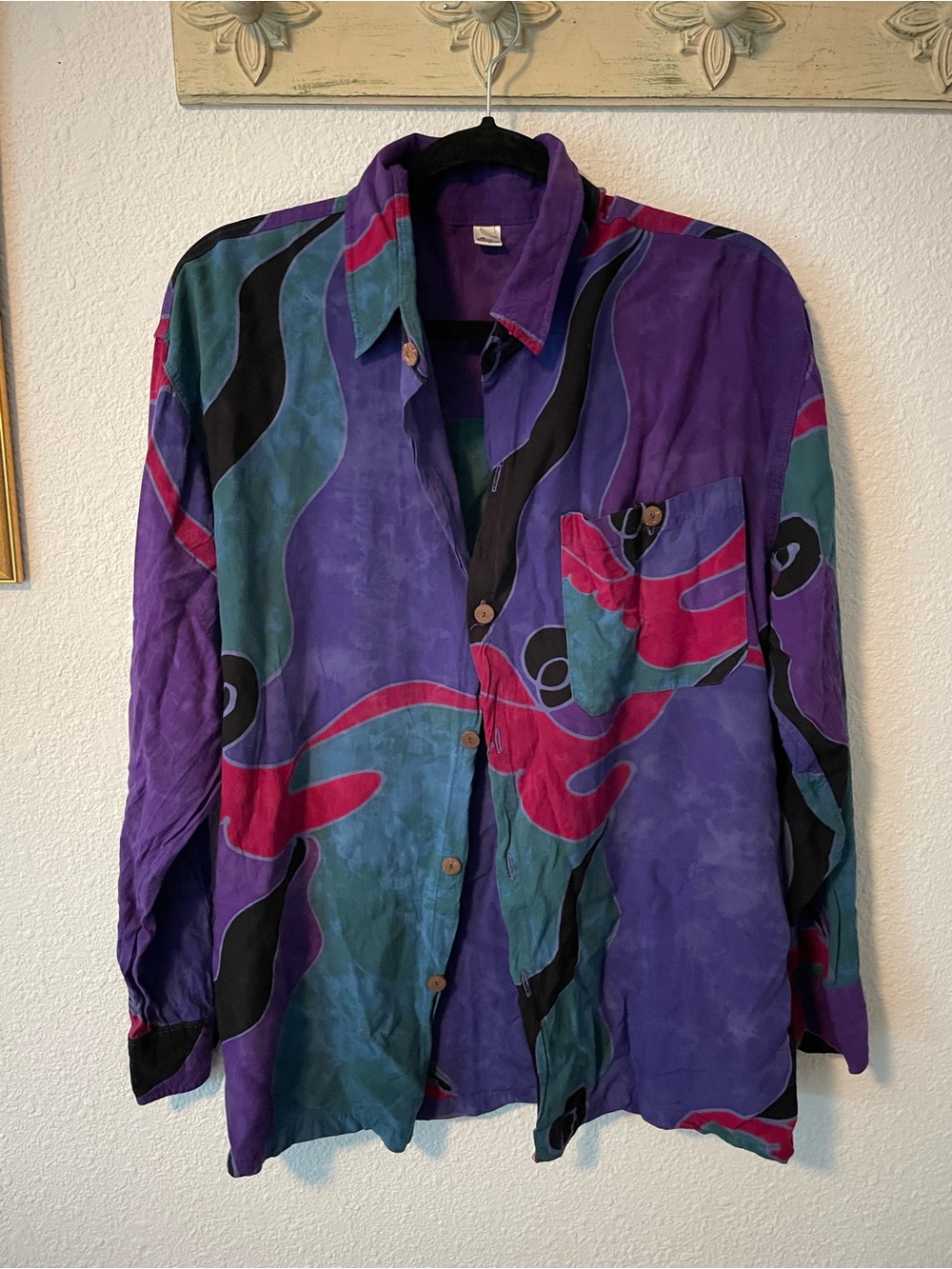 Vintage Batik Purple Abstract Print Button-Up Shirt